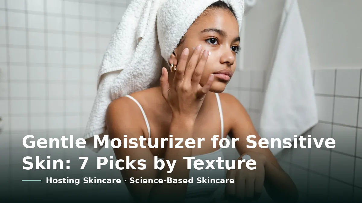 Cover card reading “Gentle Moisturizer for Sensitive Skin: 7 Picks by Texture” over a woman with a towel on her head applying face cream