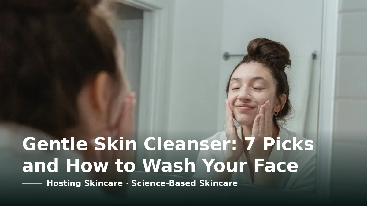 Cover card reading “Gentle Skin Cleanser: 7 Picks and How to Wash Your Face” over a woman washing her face at a bathroom mirror